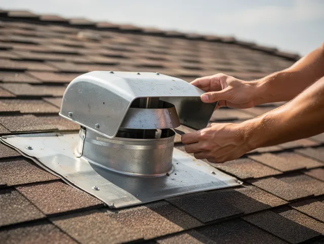 Tega Cay Dryer Vent Cleaning certified technician safely cleaning a roof-mounted dryer vent in Tega Cay