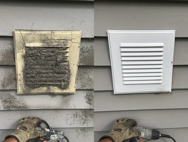 Tega Cay Dryer Vent Cleaning technician installing high-quality dryer vent cover at a residential property in Tega Cay