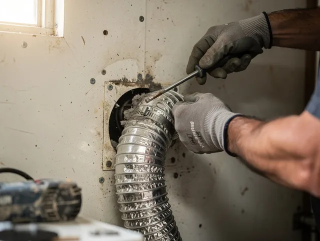 Tega Cay Dryer Vent Cleaning technician performing precise dryer vent hose installation in Tega Cay